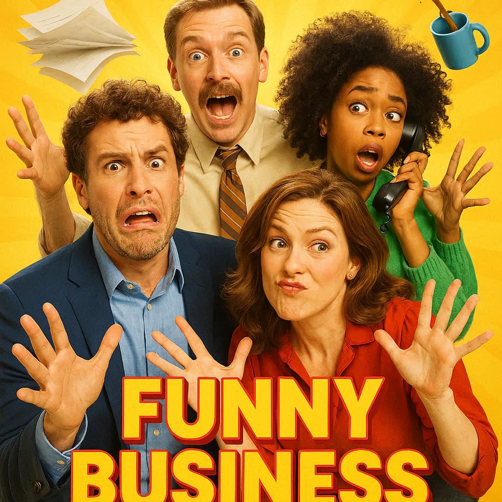 Create a bright, playful comedy‑style movie poster featuring the main characters in exaggerated, humorous expressions. Use vivid cheerful colors, soft glowing lighting, and dynamic, slightly chaotic poses that suggest funny misunderstandings. Add lighthearted props or visual gags in the background. Include bold, upbeat title typography and a fun, energetic atmosphere without referencing any existing films.